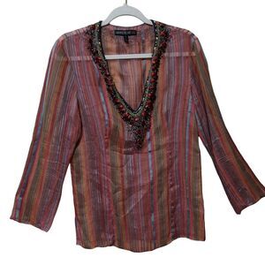 Lafayette 148 NY striped silk cotton blend heavily beaded yoke sheer blouse 8